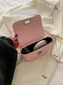 女士时尚迷你斜挎包，时尚别致的链条肩带翻盖锁圆形设计小钱包 - 粉色 - 查看 9