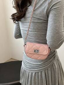女士时尚迷你斜挎包，时尚别致的链条肩带翻盖锁圆形设计小钱包 - 粉色 - 查看 6