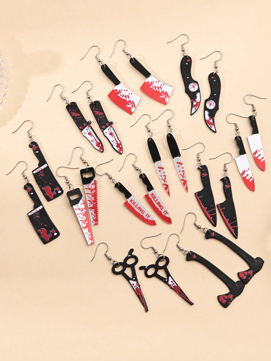 1 Pair Halloween Earrings Hammer Scissors Blood Knife Personalized Dark Style Earrings Women Exaggerated Punk Earrings Personalized - Multicolor - View 1