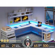 EnHomee L Shaped Computer Desk With Drawers, Gaming Computer Desk With LED Light & Power Outlets,Gaming Desk With Monitor Stand & Shelves, Home Office Desks For Gaming Room - 查看 2