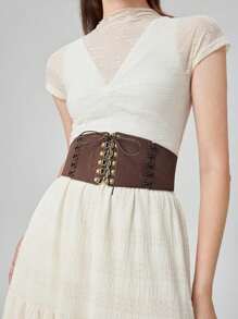 1pc Women's Vintage Style Coffee Brown Lace-Up Buckle Waist Cincher, Suitable For Halloween Party Or Daily Wear - Coffee Brown - View 3