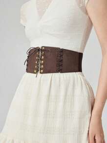 1pc Women's Vintage Style Coffee Brown Lace-Up Buckle Waist Cincher, Suitable For Halloween Party Or Daily Wear - Coffee Brown - View 5