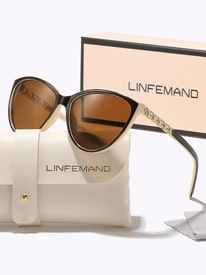 LINFEMAND キャットアイ装飾ファッションブランド クリスタルエングレード デザイン ドライビング、ビーチ、旅行用ファッショングラス、夏のビーチバケーション、アウトドア、旅行のギフトに