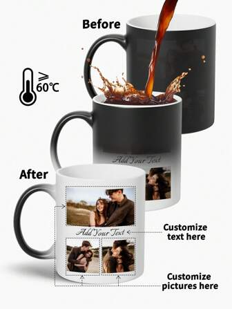 1pc - Personalized Magic Coffee Mug, 11oz - Customized Mug With Multiple Pictures, Text Photos - Popular Customized Coffee Mug | Color Changing Mug, Personalized Gift For Family, Women, Men, Christmas,