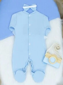 Macacão para Bebê Menina com Detalhe em Renda 100% Algodão Azul Bebê com Faixinha de Cabelo