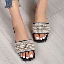 Women's  Open Toe Sparkle Slides Rhinestone Pearl Sandals Slide Glitter Bling Casual Sandal Flat - Black - View 3