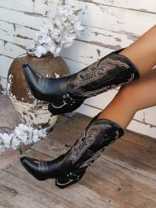 Women's Embroidered Western Style Outdoor Casual Buckle Chain Decor Mid-Calf Boots, Spring Autumn 2024 New, Cowgirl Boots