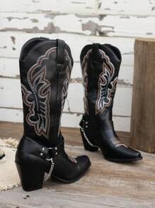 Women's Embroidered Western Style Outdoor Casual Buckle Chain Decor Mid-Calf Boots, Spring Autumn 2024 New, Cowgirl Boots