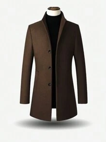 Men's Single Breasted Stand Collar Windbreaker Coat, Autumn/Winter Business Style - Khaki - View 1
