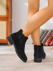 New Vintage British Style Round Toe Thick Heel Double Elastic Plush Classic Versatile Comfortable Casual Slip-On Chelsea Ankle Boots For Women - Black - View 4