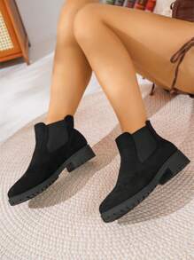 New Vintage British Style Round Toe Thick Heel Double Elastic Plush Classic Versatile Comfortable Casual Slip-On Chelsea Ankle Boots For Women - Black - View 5