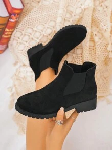 New Vintage British Style Round Toe Thick Heel Double Elastic Plush Classic Versatile Comfortable Casual Slip-On Chelsea Ankle Boots For Women - Black - View 1