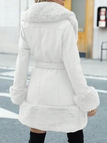 Giolshon Women's Winter Jacket, Wool Blend Fabric, Decorated With Belt And Faux Fur, Fashionable And Versatile, Suitable For Outdoor Adventure, Commuting And Casual Wear - 白色 - 查看 2