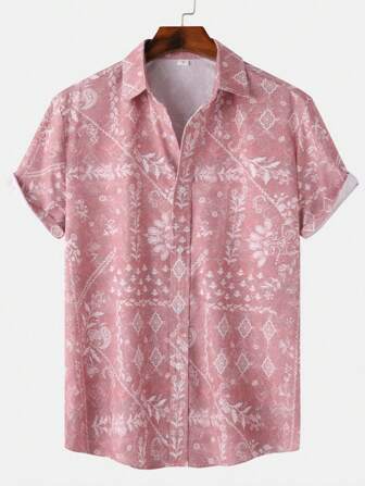 Men Simple Printed Button-Up Short Sleeve Casual Shirt