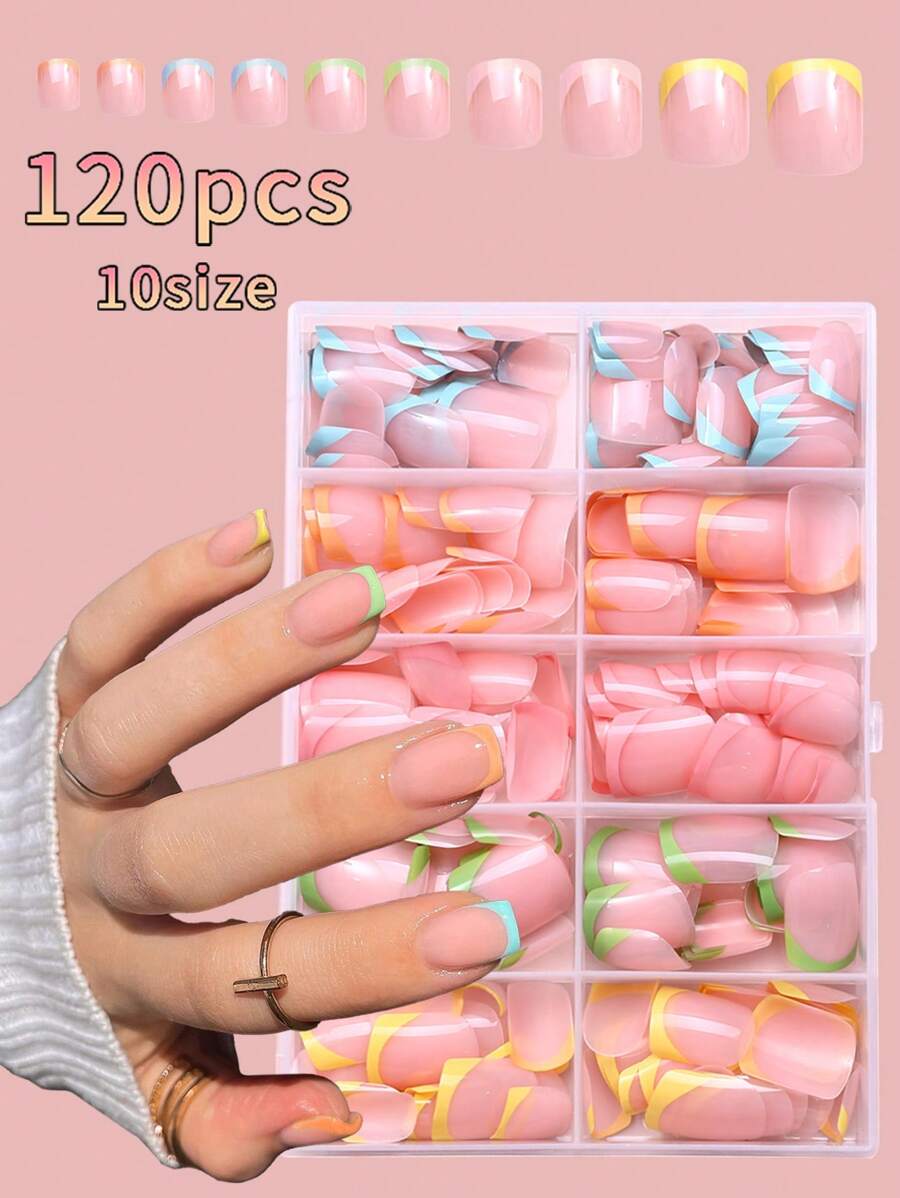 120 盒装预制指甲假指甲片法式手工 DIY 创作假指甲按压式脚趾甲片指甲片棺材按压式短假指甲透明指甲片方形指甲片超短按压式指甲 DIY 指甲用品美甲杏仁指甲鸭指甲棺材指甲夏季指甲法式指甲手工指甲按压式指甲 - 彩色 - 查看 1