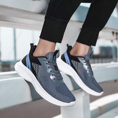 Men's Knit Breathable Running Shoes, Lace-Up Comfortable Soft Sole Sneakers, Suitable For Outdoor Jogging