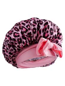 1件缎面蝴蝶结睡帽，纯色弹力，轻盈透气，适合女性和女孩，豹纹睡帽 - 粉色 - 查看 3