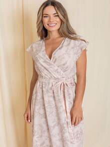 Retro Boho Woven Floral Pink Yellow Maxi Surplice Wrap Sah Dress Front Tie Flutter Sleeve - Pink - View 4