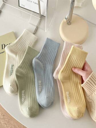 5 Pairs Of Random Delivery Women's Socks For Autumn And Winter, White Sports Letter Mid-Tube Socks For Winter, Fall