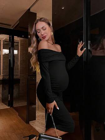 Maternity Foldover Ruched Off Shoulder Bodycon, Shoulder Bodycon Dress