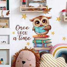 1set Cartoon Animal Owl Reading Book Pattern Self-Adhesive Wall Stickers, Bedroom Entryway Living Room Porch Home Decoration Wall Stickers, Removable Stickers, School Wall Decor Decals - Multicolor - View 3