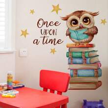 1set Cartoon Animal Owl Reading Book Pattern Self-Adhesive Wall Stickers, Bedroom Entryway Living Room Porch Home Decoration Wall Stickers, Removable Stickers, School Wall Decor Decals - Multicolor - View 1