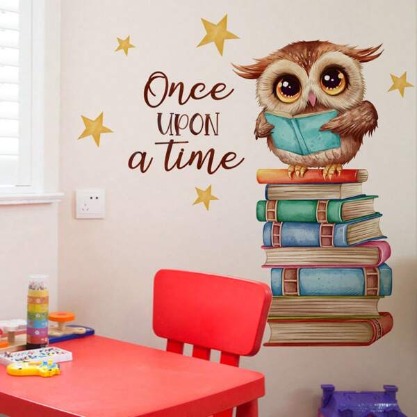 1set Cartoon Animal Owl Reading Book Pattern Self-Adhesive Wall Stickers, Bedroom Entryway Living Room Porch Home Decoration Wall Stickers, Removable Stickers, School Wall Decor Decals