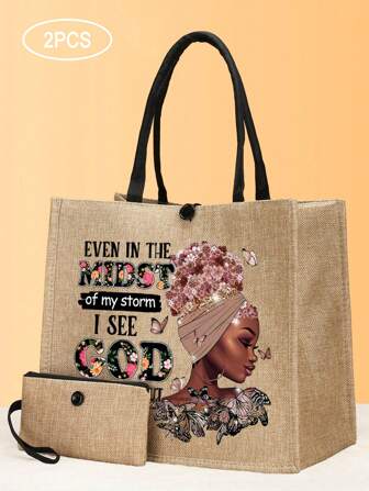 2 Pieces/Set Of Colorful Girl And Monogram Pattern Handbags, Beach Bags, Gift Bags, Shopping Bags, Homework Bags Sister Handbags, Best Gifts For Family, Relatives, Nurses, Teachers, Sisters, Besties And Classmates, Valentine's Day Holiday Gift, Birthday Gift, Music Holiday Gift, Portable Tote Bag, Multifunctional Shopping Bag, Large Capacity, Perfect For Party , Teacher Gift