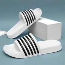 (Couple Style) Men's Simple Fashion Striped Plus Size Open Toe Slide Sandals, EVA Soft Sole Bathroom Beach Slippers, Suitable For Indoor And Outdoor Wear, Size 36-50, Unisex - White - View 7