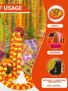 5Pcs 4.92 Feet 150cm Long Strands Artificial Marigold Flowers Garland Orange And Yellow Marigold Artificial Flower For Diwali Decor, Traditional Decor, Marigold Garland For Decoration, Diwali Decorations For Home, Christmas Decor, Halloween Decor