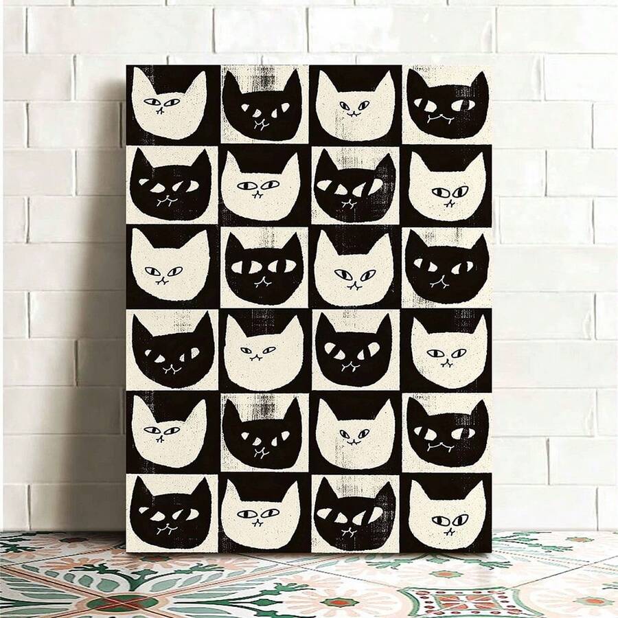 1pc Black Cat White Cat And White Cat Wall Art, Creative Idea Black Cat Art Poster Wall Decor, For Living Room Posters Bedroom Painting No Framed - Multicolor - View 1