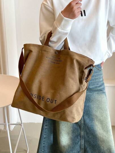 Retro Canvas Tote Bag, Letter Print Crossbody Bag, Casual Handbag For School Work Travel, Literary School Bag For Teens, Book Bag For Women Or Students, Perfect For Books, Shopping, Back To School And More