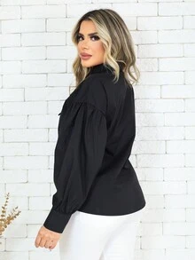 Women's Puff Sleeve Shirt - màu đen - Xem 2