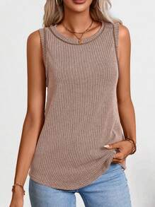 Women's Crew Neck Ribbed Tank Top (Summer Edition) - Khaki - View 4