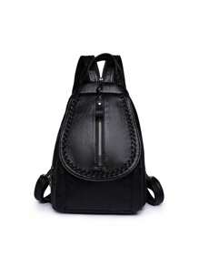 Fashionable PU Material Flip Cover Backpack, Multipurpose Shoulder Bag For Students, Back To School - Black - View 3