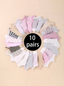 20双随机颜色条纹爱心图案儿童运动短袜，柔软轻盈低帮无缝袜，四季皆宜，舒适百搭，纯色袜，船袜，女童袜 - 彩色 - 查看 3