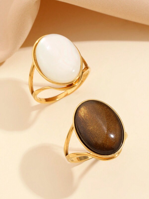 2pcs Stainless Steel Gold Yellow Ring With Light Blue And Pink Large Stones, Exaggerated Ladies Decoration