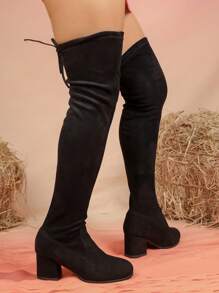 宽版女式过膝长靴，松紧筒靴，粗跟，黑色，防滑 - 黑色 - 查看 6