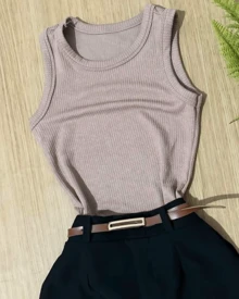 Ribbed Tank Top Set Plus Fake Leather Shorts With Belt Inspiration Fashion Blogger 2024 - Màu Khaki - Xem 3