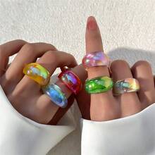 6 piezas Set de anillos apilables Y2K glamorosos, anillos de resina cuadrados, redondos, brillantes, lindos y de colores dulces, surtidos para mujeres, damas, amigas, regalos de joyas - 6 anillos de resina de colores - Ver 2