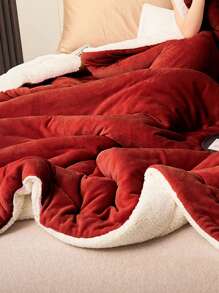 1 件勃艮第牛奶丝绒羔羊毛缝制柔软舒适毛毯，适合卧室、客房，四季皆宜，可机洗 - 酒紅色 - 查看 8