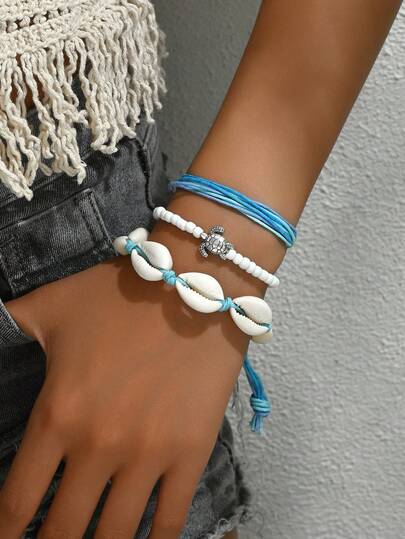 3入組波西米亞海灘假期風格貝殼&烏龜串珠手鍊套裝