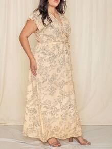 Retro Boho Woven Floral Pink Yellow Maxi Surplice Wrap Sah Dress Front Tie Flutter Sleeve - 黃色 - 查看 11