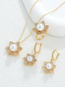 Bộ trang sức sang trọng thời trang 4 món với đá Zirconia Micro, hoa tai hoa hướng dương bằng vàng 18K, vòng cổ, nhẫn, phụ kiện cô dâu cho tiệc cưới - Vàng - Xem 6