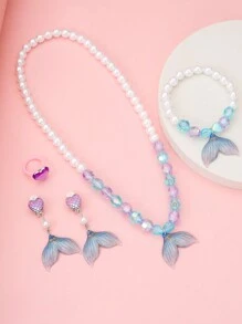 5pcs/Set Kids Lovely Mermaid Tail & Pearl Jewelry Set, Necklace, Bracelet, Ring, Earrings For Girls