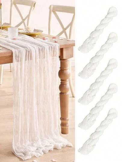 5条白色褶皱桌旗，红色桌布，派对桌布，节日生日婚礼装饰，家居装饰，餐桌中心装饰，宴会装饰，婚礼桌布，纯色乡村风婚礼桌旗，厨房桌旗，派对礼品，装饰品