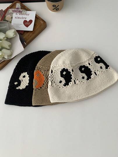 撞色条纹复古手工撞色钩针编织渔夫帽，春秋时尚防晒帽，太极八卦手工钩针编织渔夫帽
