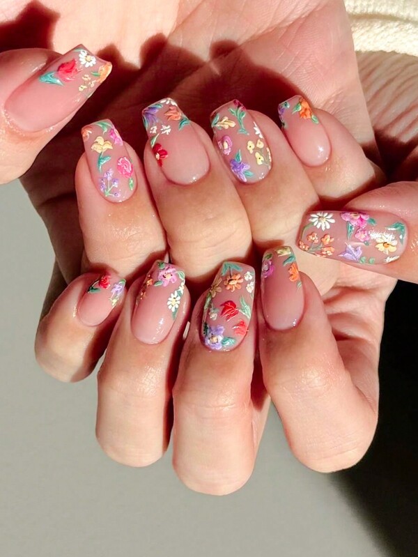 24pcs Summer Medium Square Press On Nails Sweet False Nails With Colorful Flower Design Glossy Full Cover Fake Nails For Women And Girl Daily Wear