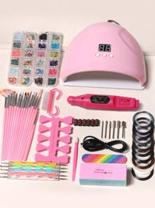 LULAA 46pcs Basic Nail Art Tool Kit - UV Lamp, Nail Drill, Decorations, Brushes, Files, Dotting Pen, Finger Separators, Cuticle Pusher - Complete Home Manicure Set, Great Gift For Girls