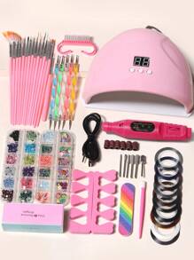 LULAA 46pcs Basic Nail Art Tool Kit - UV Lamp, Nail Drill, Decorations, Brushes, Files, Dotting Pen, Finger Separators, Cuticle Pusher - Complete Home Manicure Set, Great Gift For Girls